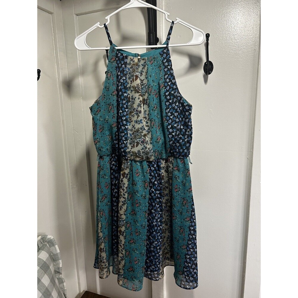 A Byer Blue Floral Bring Summer Dress Knee Length Spaghetti Strap Women’s Med